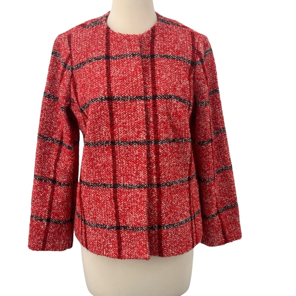 Talbots Petite Tweed Plaid Button‎ Blazer Jacket Red/Black Windowpane Size 14P